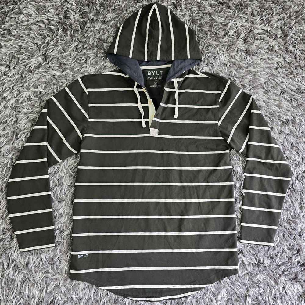 BYLT Mens Drop Cut Hooded Henley Shirt Olive Green Striped Long Sleeve Size M